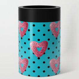 Pink plaid watercolor heart shaped donuts with polka dots on blue background Can Cooler