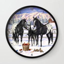 Black Appaloosa Horses In Winter Snow Wall Clock