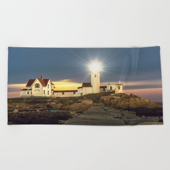 Full moon rising over Eastern point Lighthouse #2 Beach Towel