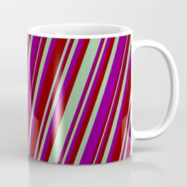 [ Thumbnail: Dark Sea Green, Purple, and Maroon Colored Striped/Lined Pattern Coffee Mug ]
