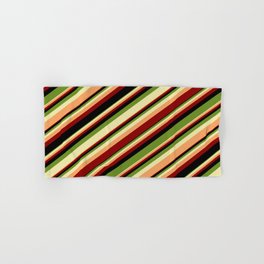 [ Thumbnail: Colorful Green, Pale Goldenrod, Brown, Dark Red & Black Colored Stripes Pattern Hand & Bath Towel ]