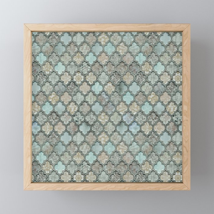 Old Moroccan Tiles Pattern Teal Beige Distressed Style Framed Mini Art Print