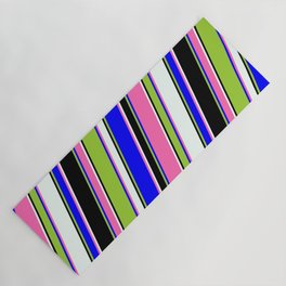 [ Thumbnail: Eye-catching Green, Blue, Hot Pink, Mint Cream & Black Colored Pattern of Stripes Yoga Mat ]