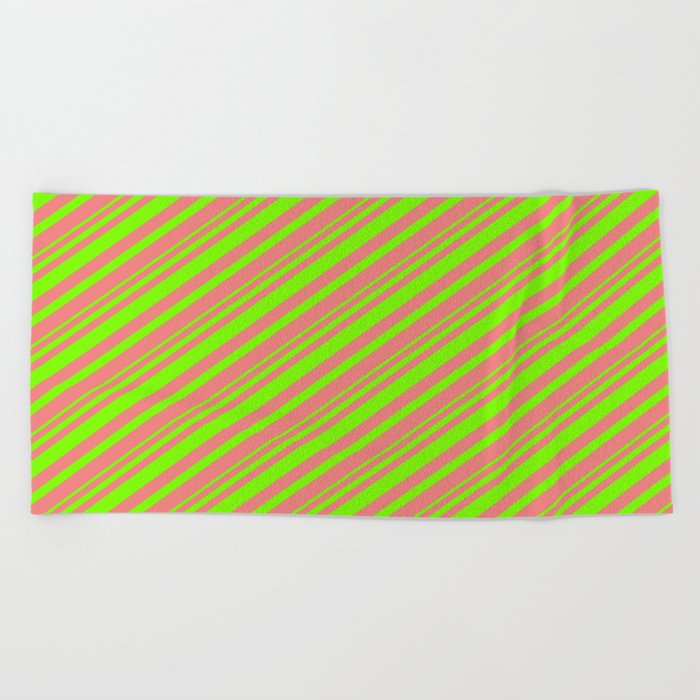 Light Coral & Green Colored Striped Pattern Beach Towel