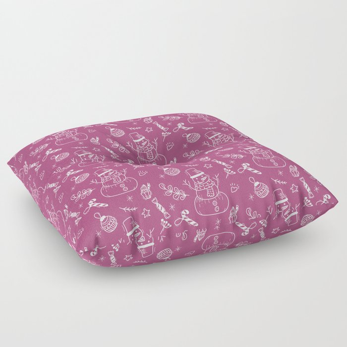 Magenta and White Christmas Snowman Doodle Pattern Floor Pillow