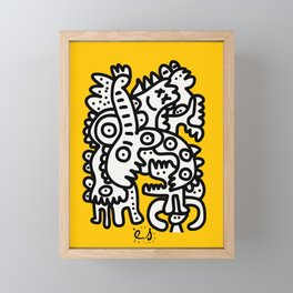 Black and White Cool Monsters Graffiti on Yellow Background Framed Mini Art Print
