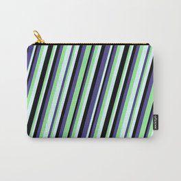 [ Thumbnail: Dark Slate Blue, Light Green, Light Cyan & Black Colored Lines/Stripes Pattern Carry-All Pouch ]