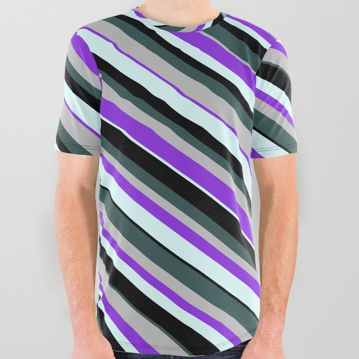 Eye-catching Dark Slate Gray, Grey, Purple, Light Cyan, and Black Colored Lines Pattern All Over Graphic Tee