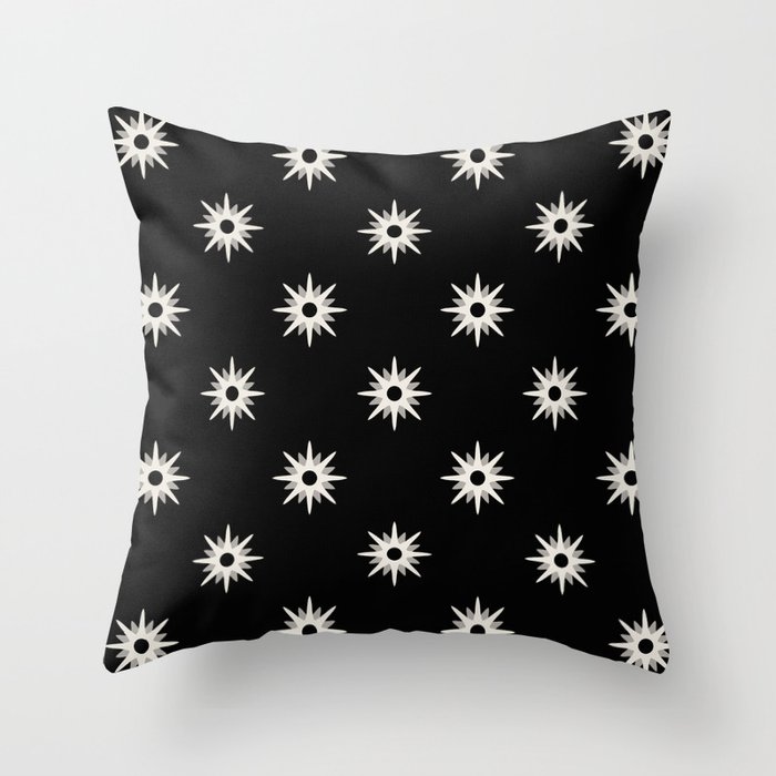 Black atomic mid century white stars pattern Throw Pillow