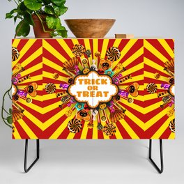 Halloween Trick or Treat Candy and sweets. Autumn october holiday tradition celebration poster. Vintage illustration isolated Credenza