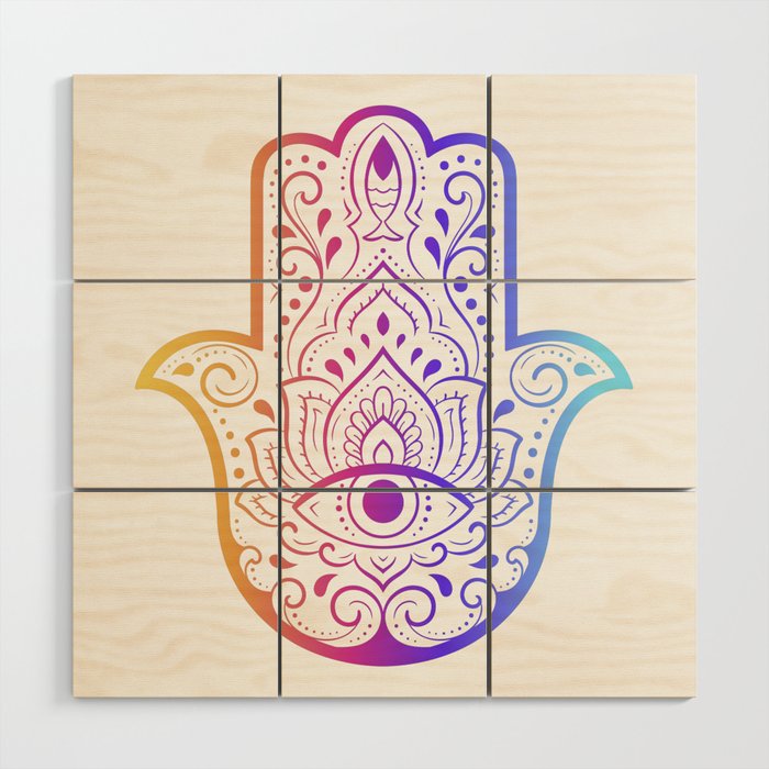 Colorful Hamsa hand drawn symbol with flower. Decorative pattern in oriental style for interior decoration and henna drawings. Wood Wall Art