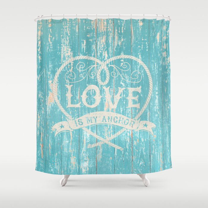 Maritime Design Love Is My Anchor On Teal Grunge Wood Background