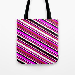 [ Thumbnail: Fuchsia, Red, Mint Cream, and Black Colored Pattern of Stripes Tote Bag ]