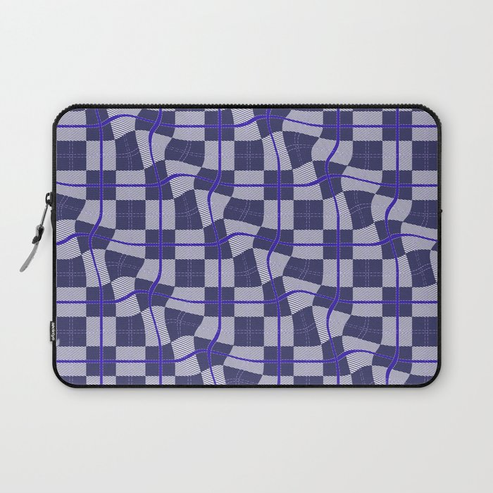 Warped Checkerboard Grid Illustration Navy Blue Lilac Purple Laptop Sleeve