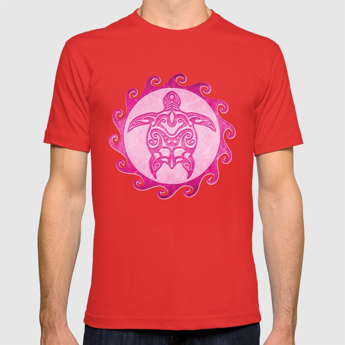 3dRose Macdonald Creative Studios Tribal Animals - T-Shirts Pink Tribal sea Turtle in a Polynesian Moari Sun Symbol