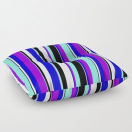 [ Thumbnail: Dark Violet, Aquamarine, Black, Mint Cream & Blue Colored Pattern of Stripes Floor Pillow ]
