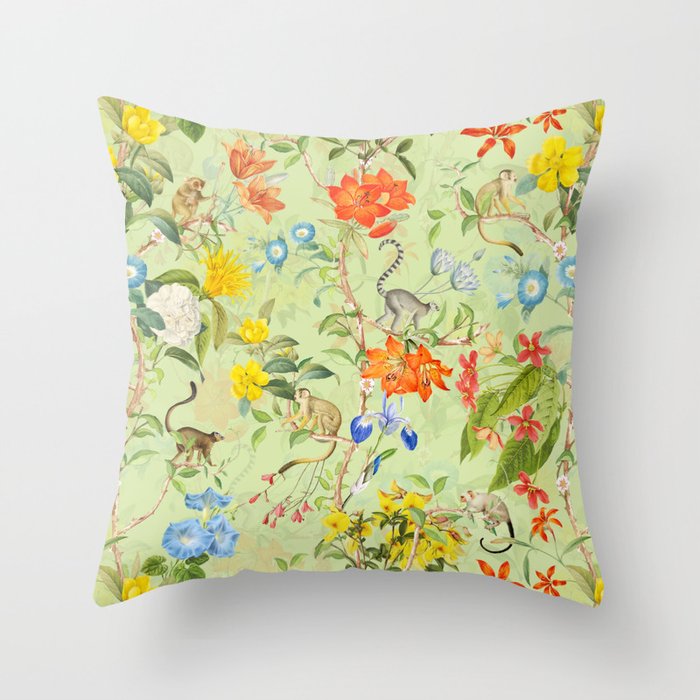 Vintage & Shabby Chic - Chinoiserie Exotic Monkeys And Tropical Flowers Jungle Throw Pillow