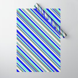 [ Thumbnail: Aquamarine, Grey, Beige & Blue Colored Pattern of Stripes Wrapping Paper ]