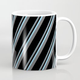 [ Thumbnail: Sky Blue, Dim Grey, and Black Colored Pattern of Stripes Coffee Mug ]