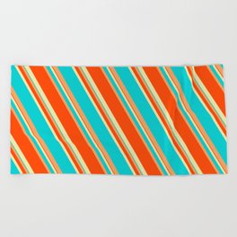 [ Thumbnail: Pale Goldenrod, Dark Turquoise, Brown, and Red Colored Lines/Stripes Pattern Beach Towel ]