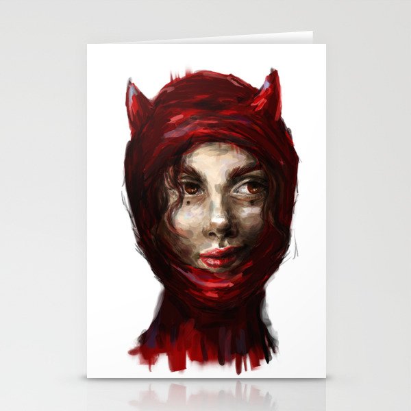 cunning girl lucifer in a red balaclava Stationery Cards
