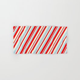 [ Thumbnail: Light Blue, Red, and Beige Colored Lines/Stripes Pattern Hand & Bath Towel ]