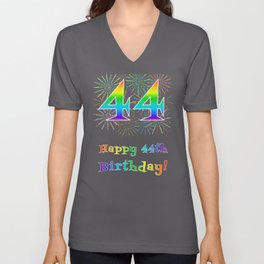 [ Thumbnail: 44th Birthday - Fun Rainbow Spectrum Gradient Pattern Text, Bursting Fireworks Inspired Background V Neck T Shirt V-Neck T-Shirt ]