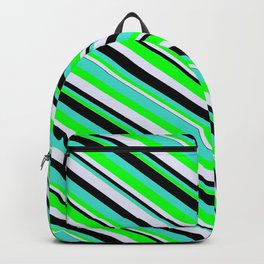 [ Thumbnail: Turquoise, Lime, Lavender, and Black Colored Stripes/Lines Pattern Backpack ]