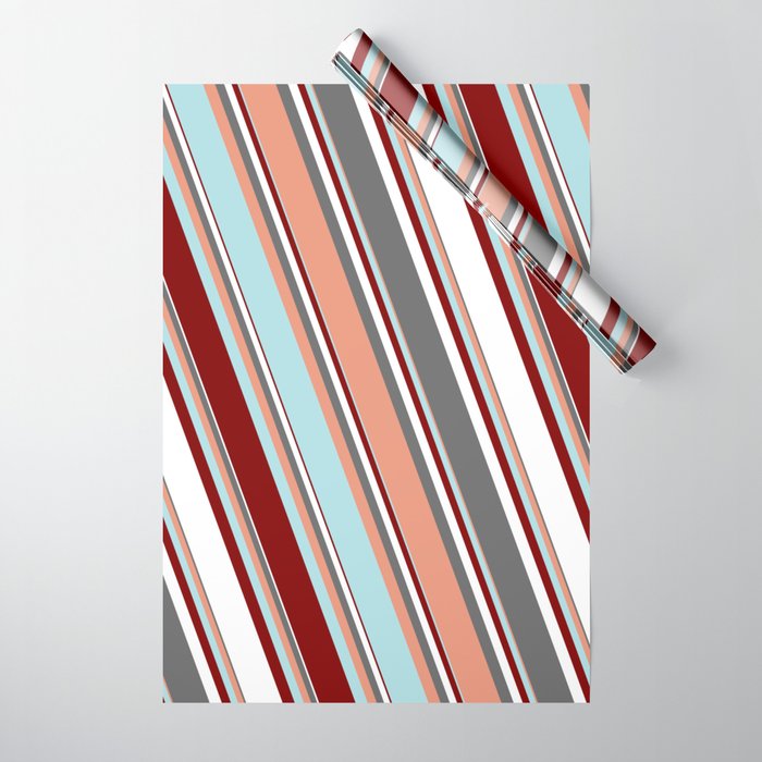 Colorful Dim Grey, Dark Salmon, Powder Blue, Maroon & White Colored Pattern of Stripes Wrapping Paper