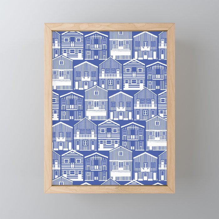Monochromatic Portuguese houses // electric blue background white striped Costa Nova inspired houses Framed Mini Art Print
