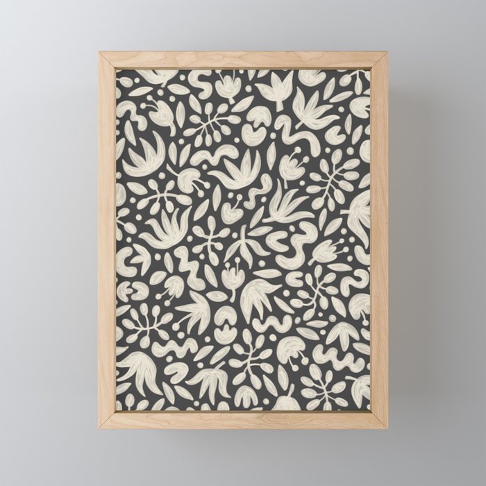 Florals in Off White and Spade Black | Hand Painted Pattern Framed Mini Art Print