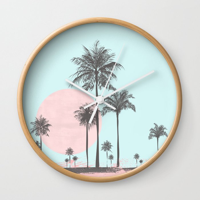 Beachfront palm tree soft pastel sunset graphic Wall Clock