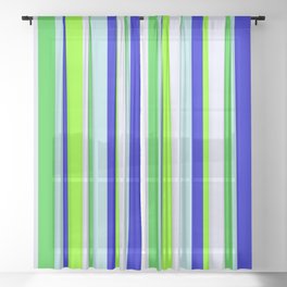 [ Thumbnail: Colorful Powder Blue, Blue, Chartreuse, Lavender & Lime Green Colored Lines Pattern Sheer Curtain ]