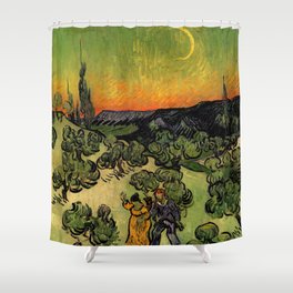 Van Gogh - Landscape with Couple Walking and Crescent Moon Shower Curtain