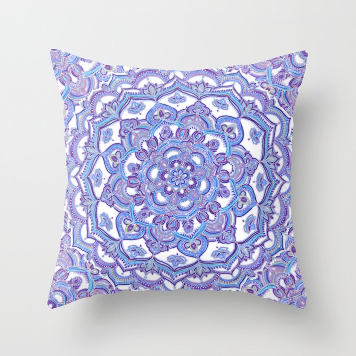 Lilac Spring Mandala - floral doodle pattern in purple & white Throw Pillow