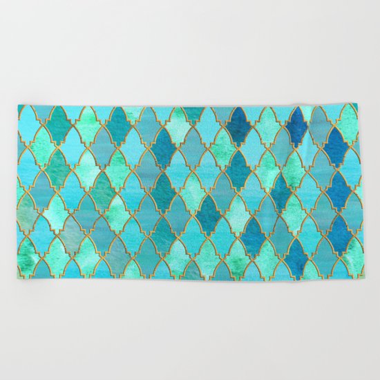 Aqua Teal Mint and Gold Oriental Moroccan Tile pattern Beach Towel