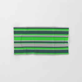 [ Thumbnail: Dark Slate Gray, Lime Green & Dark Gray Colored Stripes Pattern Hand & Bath Towel ]