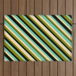 [ Thumbnail: Aquamarine, Tan, Green, and Black Colored Striped Pattern Outdoor Rug ]
