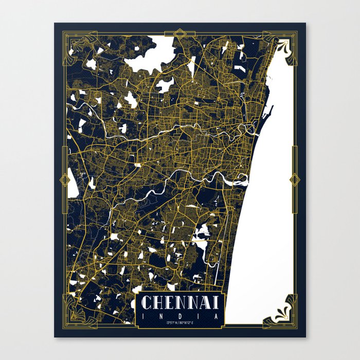 Chennai City Map of India Gold Art Deco Canvas Print by deMAP Studio