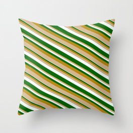 [ Thumbnail: Dark Goldenrod, Tan, Mint Cream & Dark Green Colored Lined/Striped Pattern Throw Pillow ]