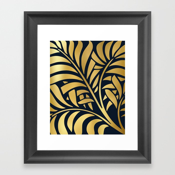 Art Deco Tropical Gold Leaves on Navy Blue Framed Art Print