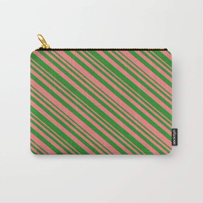Forest Green & Light Coral Colored Pattern of Stripes Carry-All Pouch
