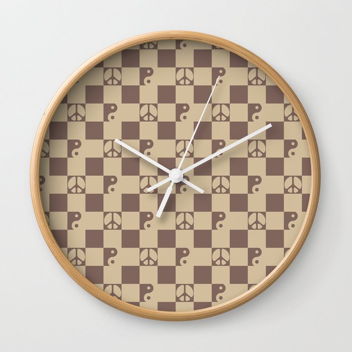 Checkered Peace Symbol & Yin Yang Pattern \\ Cocoa Mocha Color Palette Wall Clock