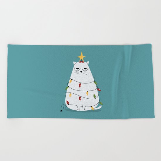 Grumpy Christmas Cat Beach Towel