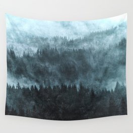 Teal Foggy Trees Forest Wall Tapestry