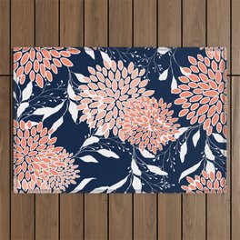 Floral Blooms and Leaves, Navy, Coral and White Outdoor Rug