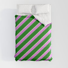 [ Thumbnail: Beige, Violet, and Green Colored Stripes/Lines Pattern Comforter ]