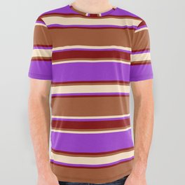 [ Thumbnail: Sienna, Bisque, Dark Orchid, and Maroon Colored Lined/Striped Pattern All Over Graphic Tee ]