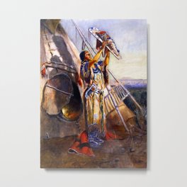 “Montana Sun Worship” by Charles M Russell Metal Print | Rifle, Painting, Child, Swaddling, Teepee, Montana, Papoose, Mother, Western 