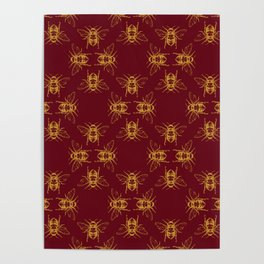 Nature Honey Bees Bumble Bee Pattern Red Yellow Gold Poster